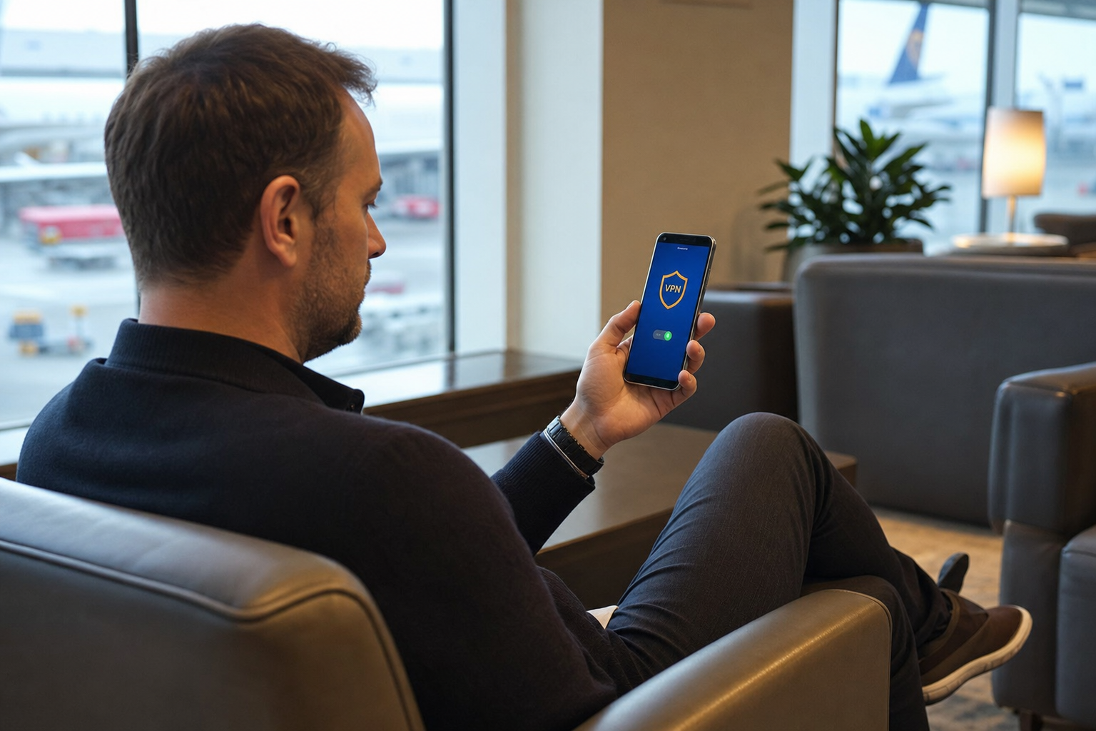 Traveler using VisionGuard at an airport lounge